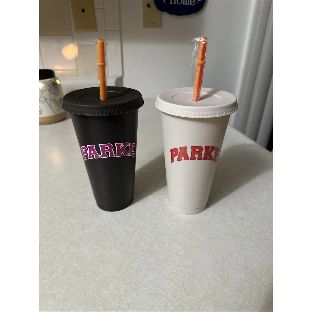 New DD Dunkin Donuts - Parke Tumbler Cup Set of 2 w/Straws *HTF* Black & White